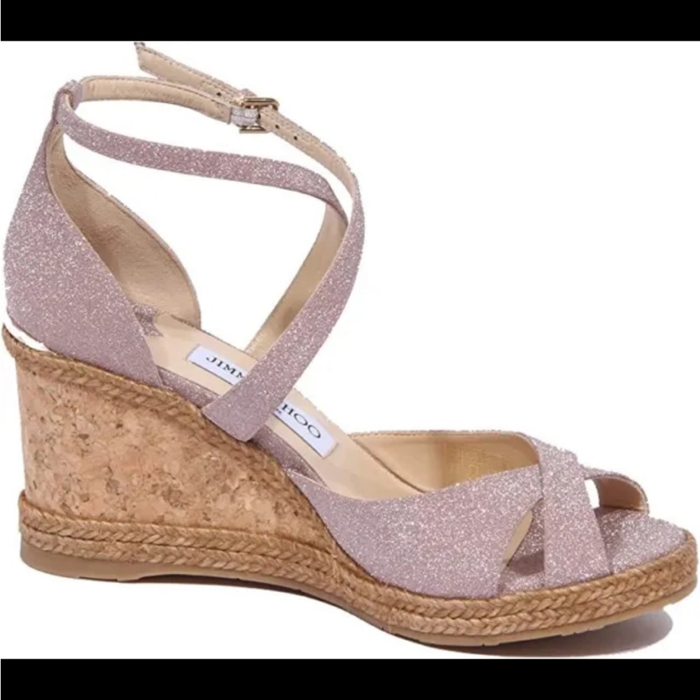 JIMMY CHOO ALANAH BALLET PINK FINE GLITTER WEDGES. Size 7.5 US, like new